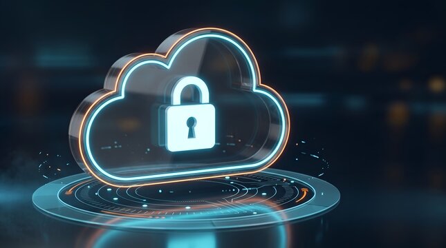 Secure cloud computing architecture with glowing padlock inside virtual cloud symbol representing digital data protection and network privacy