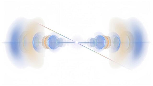 Abstract horizontal blue and gold light lens flare effect isolated on transparent background