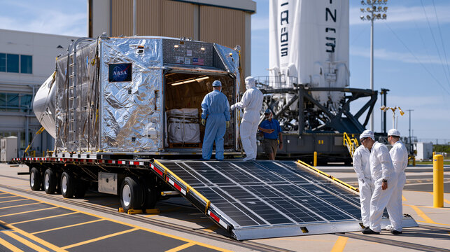 Cargo mission teams load a pressurized resupply module with fresh food containers, medical equipment and crew provisions at a launch processing facility, technicians in sterile