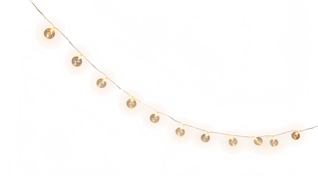 A string of glowing golden fairy lights hanging in a curve isolated on transparent background