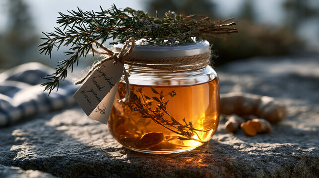 Single glass jar of golden bone broth infused with turmeric, ginger root, and dried medicinal herbs resting on a stone surface, handwritten ingredient tags tied to the lid with