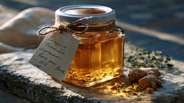 Single glass jar of golden bone broth infused with turmeric, ginger root, and dried medicinal herbs resting on a stone surface, handwritten ingredient tags tied to the lid with