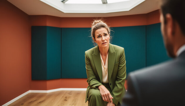Anxious female corporate executive in olive green suit listening attentively to colleague during intense performance review in a modern office interior