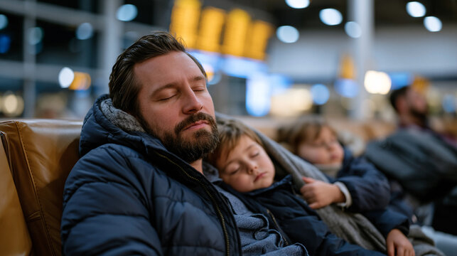 Exhausted father slumped in an airport terminal seat surrounded by delayed flight boards and restless children tugging at his coat during winter holiday travel, luggage piled
