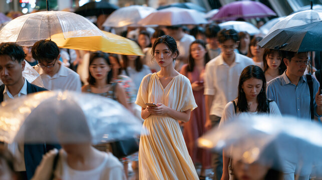 A crowd of commuters rushes through a rain-soaked train station at rush hour, umbrellas colliding, faces focused and hurried, one woman standing still looking at her phone amid