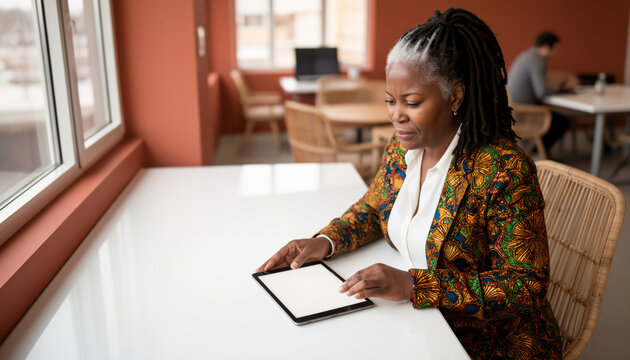 Focused senior African American businesswoman with stylish dreadlocks carefully examining digital financial report on tablet sitting at white table in office