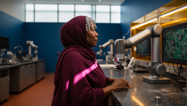 Senior Muslim female engineer wearing purple hijab carefully operating advanced robotic arm mechanism in modern industrial high tech research laboratory