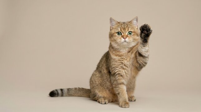 Cute tabby cat raising its paw in a studio setting.