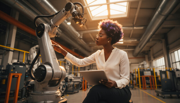 Focused African American female engineer holding digital tablet inspecting modern industrial robotic arm mechanism in high tech automated factory workshop
