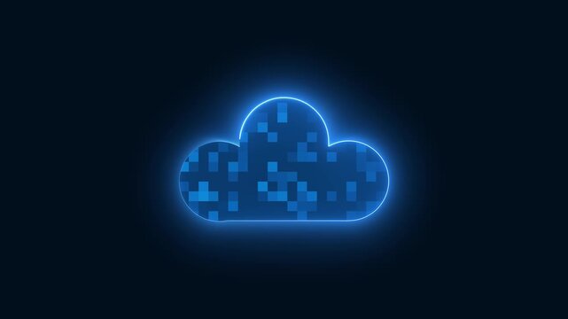 Glowing blue cloud technology icon animation loops on dark screens. Cloud technology server storage element features cloud outlines. Technology icon animation looks clean.