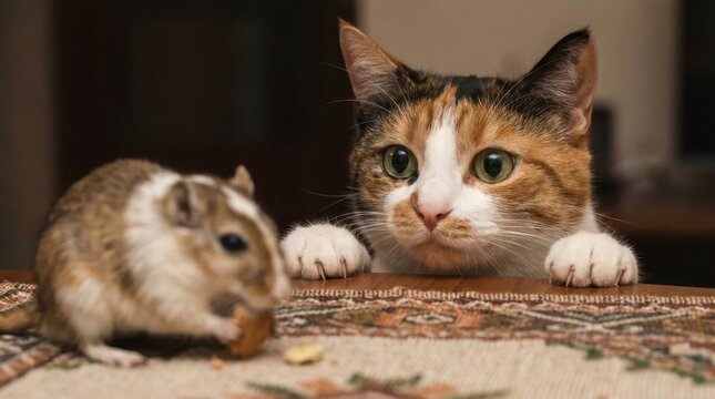 Curious Cat Watches Gerbil Eating Food on Table.