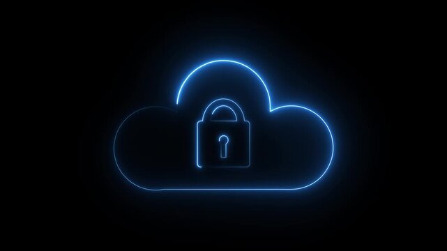 Glowing cloud lock security icon animation displays cyber defense. Cloud lock safe storage indicator highlights encrypted data. Security icon animation design is sleek.