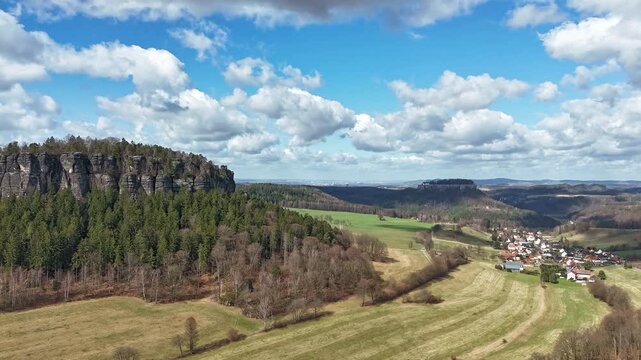 Hyperlapse - Aerial view of scenery in the Saxon Switzerland - Elbe Sandstone Mountains - Germany