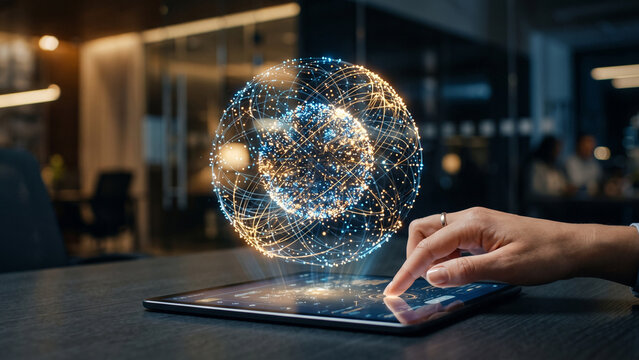 Concept illustration of quantum computing and global data networks, showing a hand touching a tablet displaying a glowing holographic network sphere