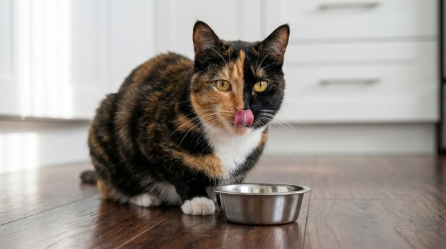 Calico Cat Licking Its Lips Next to a Food Bowl Indoors.