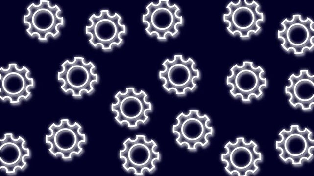 Repeating pattern gear icons cogs animation displays white cogs grids. Gear icons technology mechanism features seamless machine backdrop. Cogs animation layout is clean.