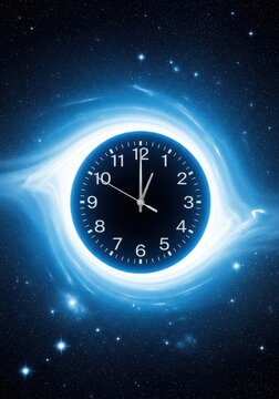 Conceptual Image of a Clock Floating in a Glowing Blue Cosmic Nebula and Starry Deep Space Background