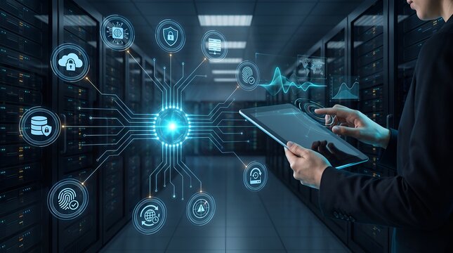 IT administrator monitoring data center network with futuristic holographic interface representing cloud infrastructure management