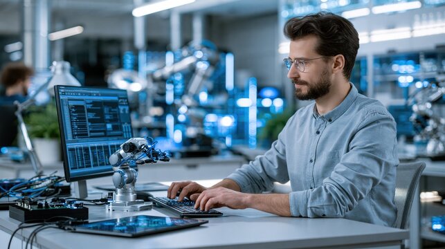 Engineer works on robotics project in modern tech lab with computers and robotic arms in the background