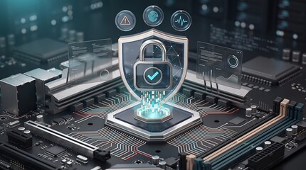 Fototapeta premium Zero trust architecture and firmware protection concept featuring glowing digital shield and padlock on cpu processor within advanced enterprise server.