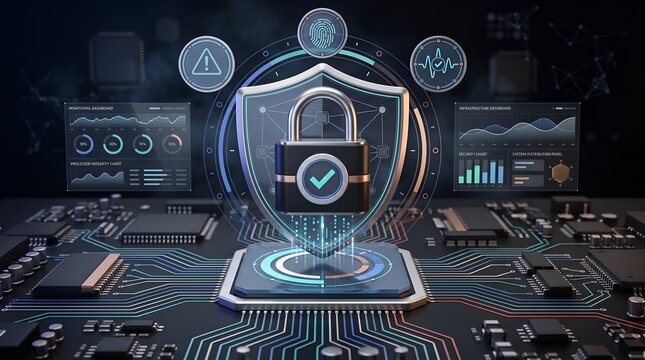 Hardware encryption security shield and glowing padlock on computer motherboard microchip representing secure server infrastructure and data protection.
