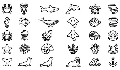 Fototapeta premium Marine Animals Line Icon Set with Ocean Sea Life Outline Vector Collection