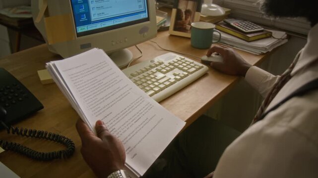 Over the shoulder view of man holding paper document and using computer mouse while looking at retro CRT monitor in office. Footage is suitable for 1990s corporate history videos or retro tech ads