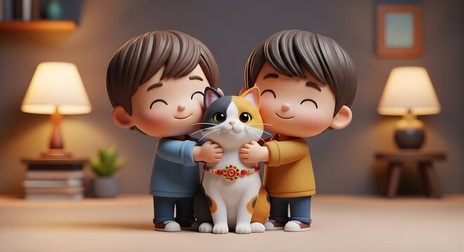 Cute Cartoon Boys Happily Hugging Their Beloved Calico Cat