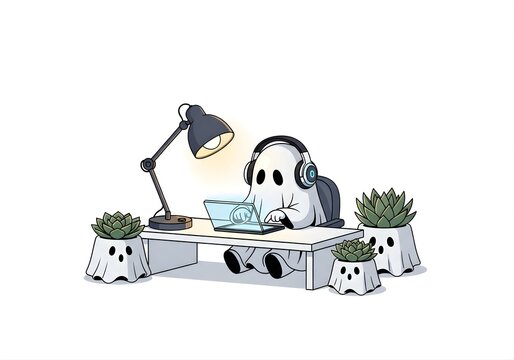 Cute Cartoon Ghost Working at Desk with Laptop and Succulents
