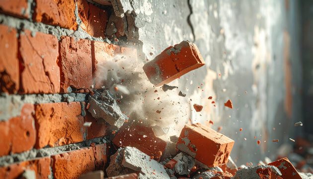 Impacto de un bloque que rompe una pared de ladrillos en el momento del impacto en una construcci&oacute;n