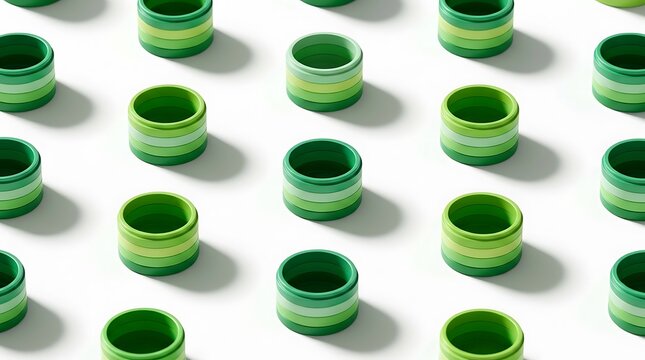 A top down view of many small green glass jars arranged in a neat grid pattern on white