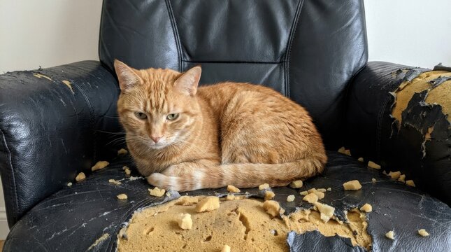 Orange cat sitting on a damaged leather chair with stuffing exposed.