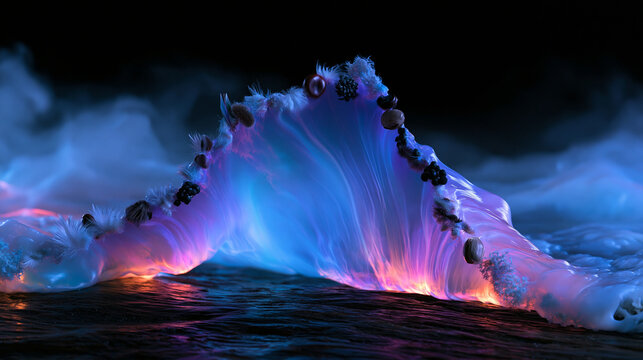 Glowing Bioluminescent Ocean Wave with Ethereal Smoke and Light