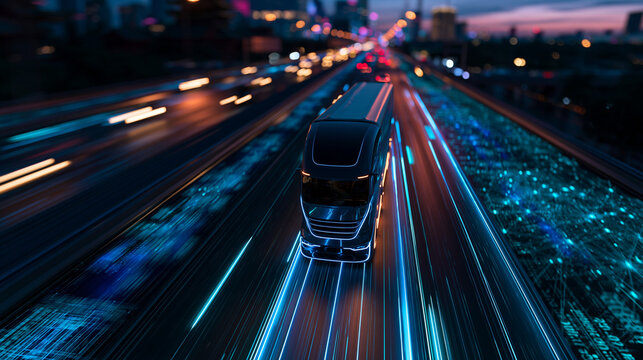 Futuristic Autonomous Electric Semi Truck Driving on Smart Highway at Night