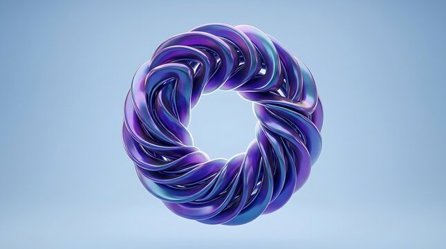 Abstract 3d render of a purple twisted torus shape floating against a soft light blue background