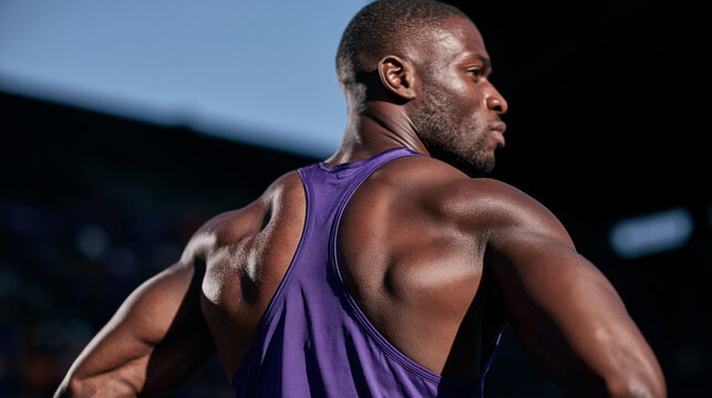 Muscular Black Male Athlete Prepared for Competition at Stadium