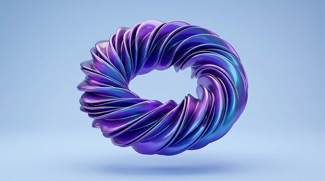 Abstract 3d render of a twisted metallic torus shape with iridescent blue and purple gradient color tones