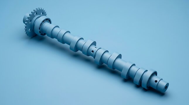 A single metallic automotive camshaft isolated on a plain blue background for engine repair and mechanical engineering concepts