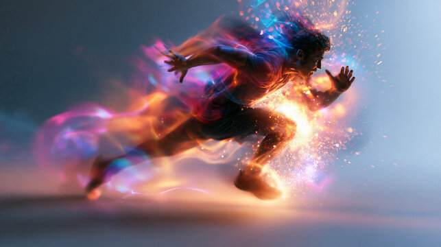 Athletic Man Sprinting Fast With Dynamic Light Trails