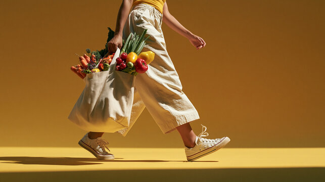 Woman Walking with Reusable Canvas Bag Full of Fresh Vegetables
