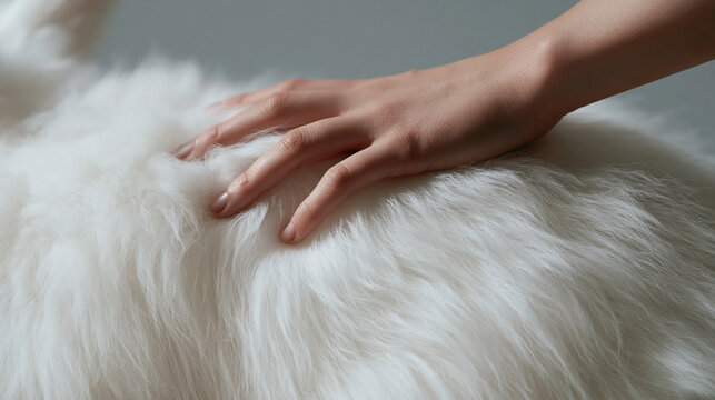 Close Up of Hand Petting Fluffy White Dog Fur