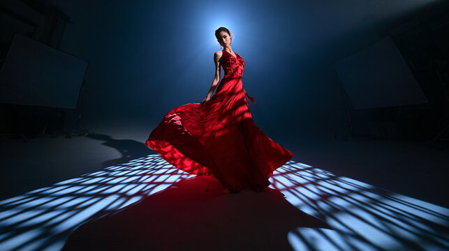Glamorous Woman in Flowing Red Gown Posing in Studio