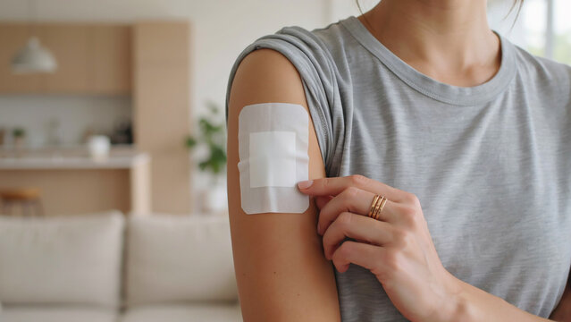 Woman touching adhesive medical bandage patch on shoulder at home