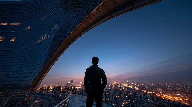 Businessman Silhouette Looking at City Skyline from High Rooftop at Dusk