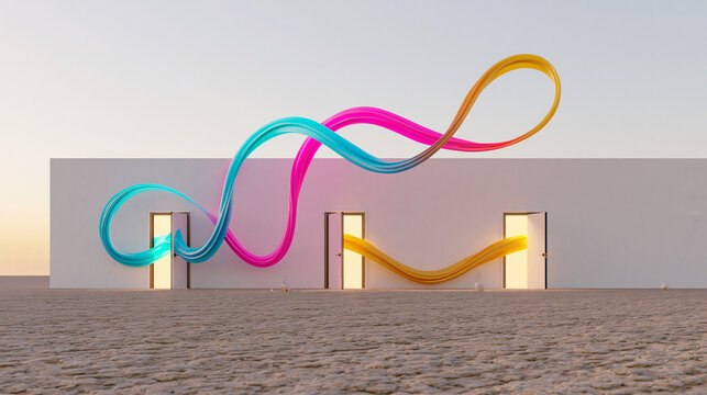 Creative Concept of Colorful Ribbons Flowing Through Open Doorways