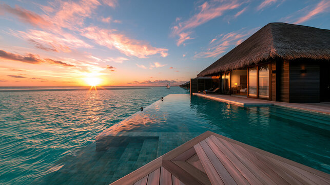 Luxury Overwater Villa with Infinity Pool at Sunset in Maldives
