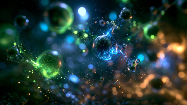 Microscopic View of Glowing Abstract Cells and Molecules