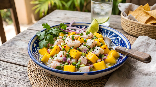 fresh seafood ceviche with mango and lime