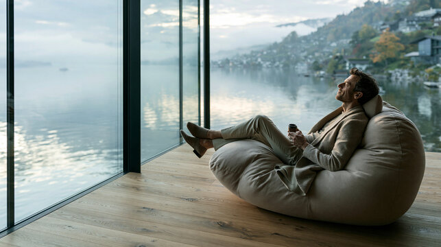 Man Relaxing in Luxury Lakefront Home Overlooking Scenic View