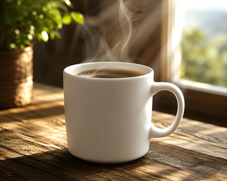 Ultra Realistic Matte White Ceramic Coffee Mug with Fresh Hot Coffee and Rising Steam on Wooden Table Premium Product Photography Adobe Stock Quality 16K